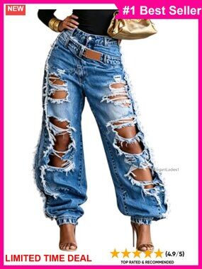 Voghtic Women's Ripped Baggy Wide Leg High Waisted Frayed Destroyed Jeans